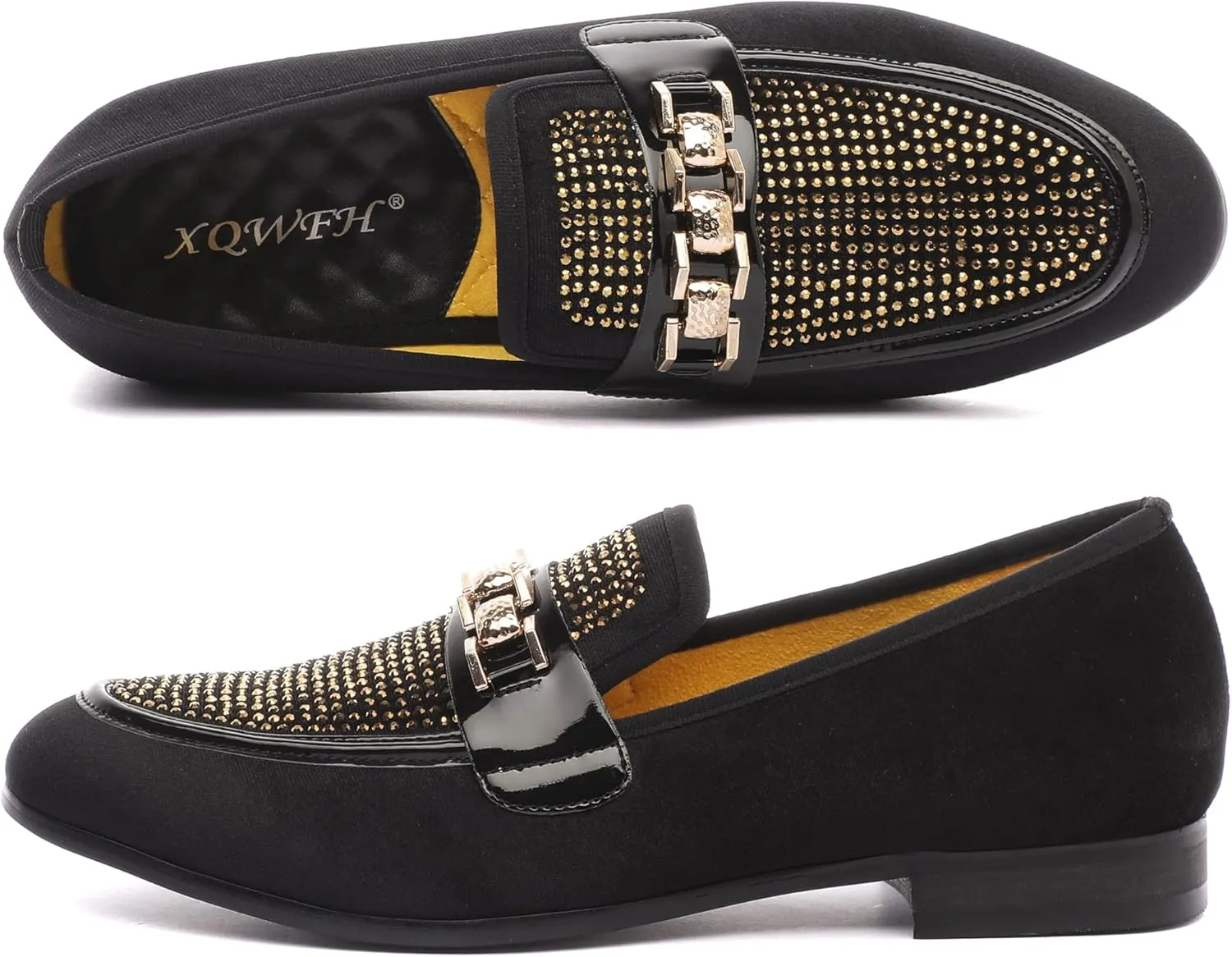 Men's Velvet Loafers,Mens Dress Shoes with Gold Chain, Slip On Flats Smoking Slippers Penny Shoes for Men