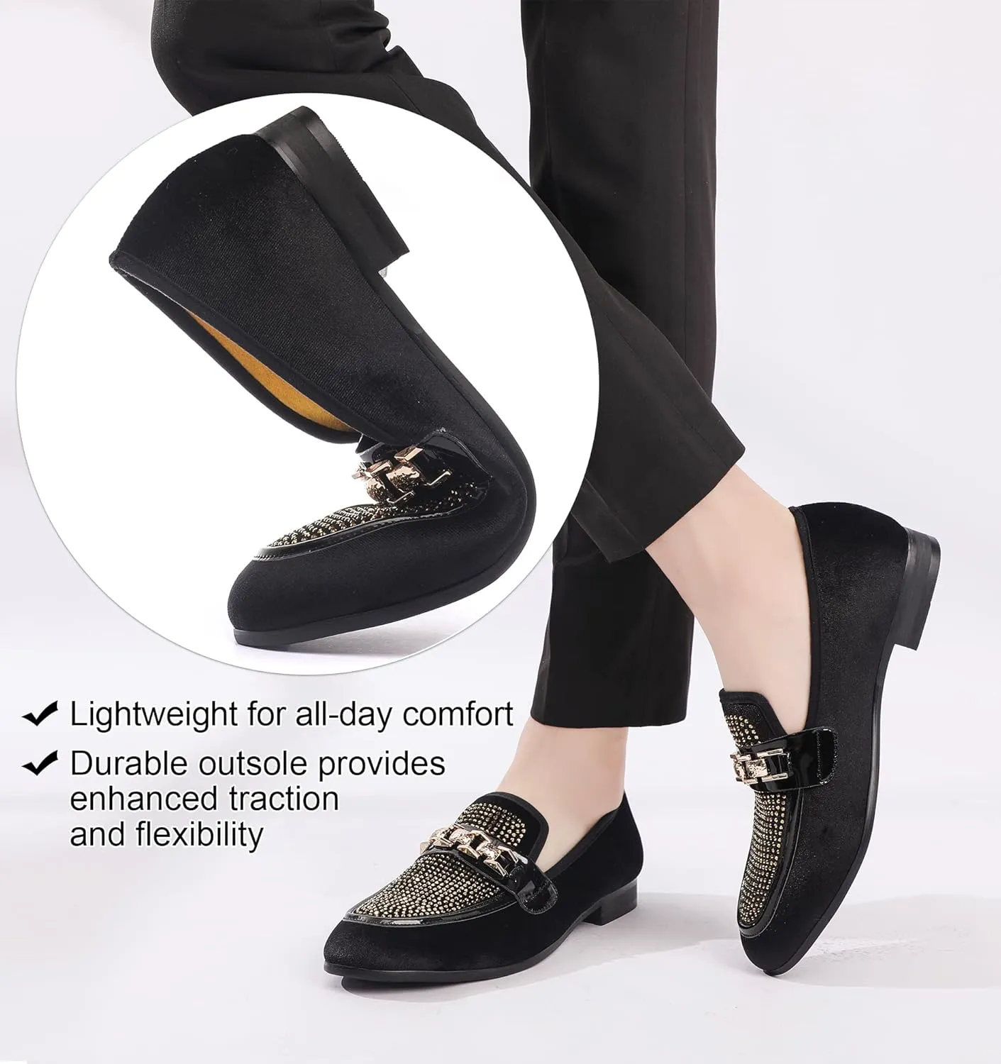 Men's Velvet Loafers,Mens Dress Shoes with Gold Chain, Slip On Flats Smoking Slippers Penny Shoes for Men