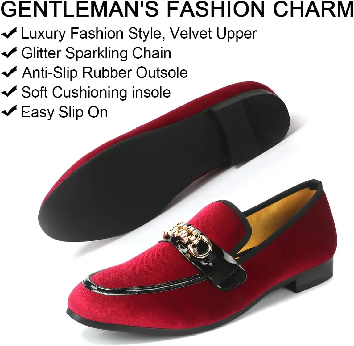 Men's Velvet Loafers,Mens Dress Shoes with Gold Chain, Slip On Flats Smoking Slippers Penny Shoes for Men