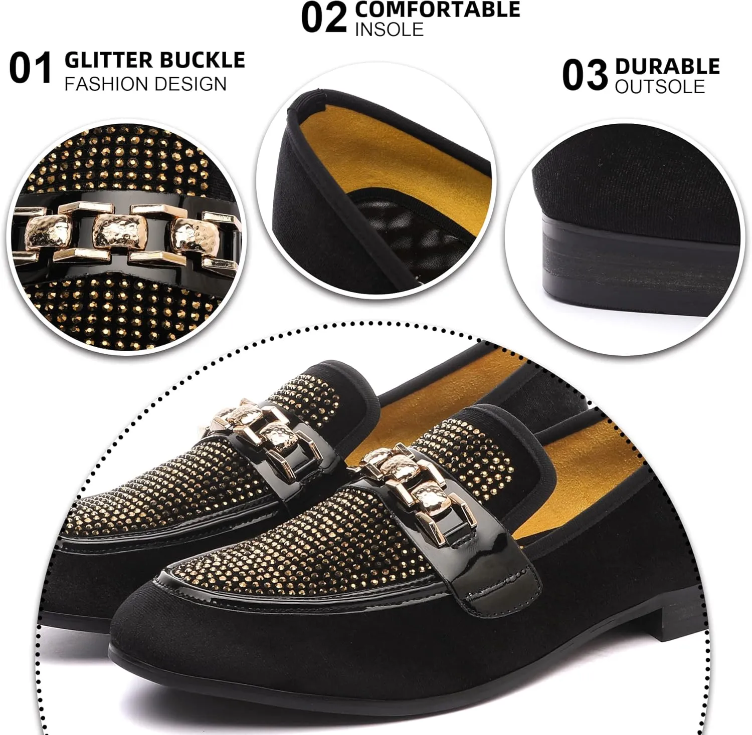 Men's Velvet Loafers,Mens Dress Shoes with Gold Chain, Slip On Flats Smoking Slippers Penny Shoes for Men