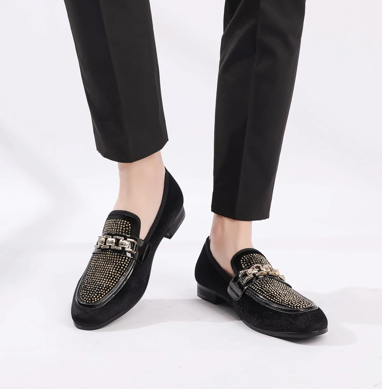 Men's Velvet Loafers,Mens Dress Shoes with Gold Chain, Slip On Flats Smoking Slippers Penny Shoes for Men