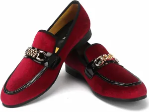 Men's Velvet Loafers,Mens Dress Shoes with Gold Chain, Slip On Flats Smoking Slippers Penny Shoes for Men