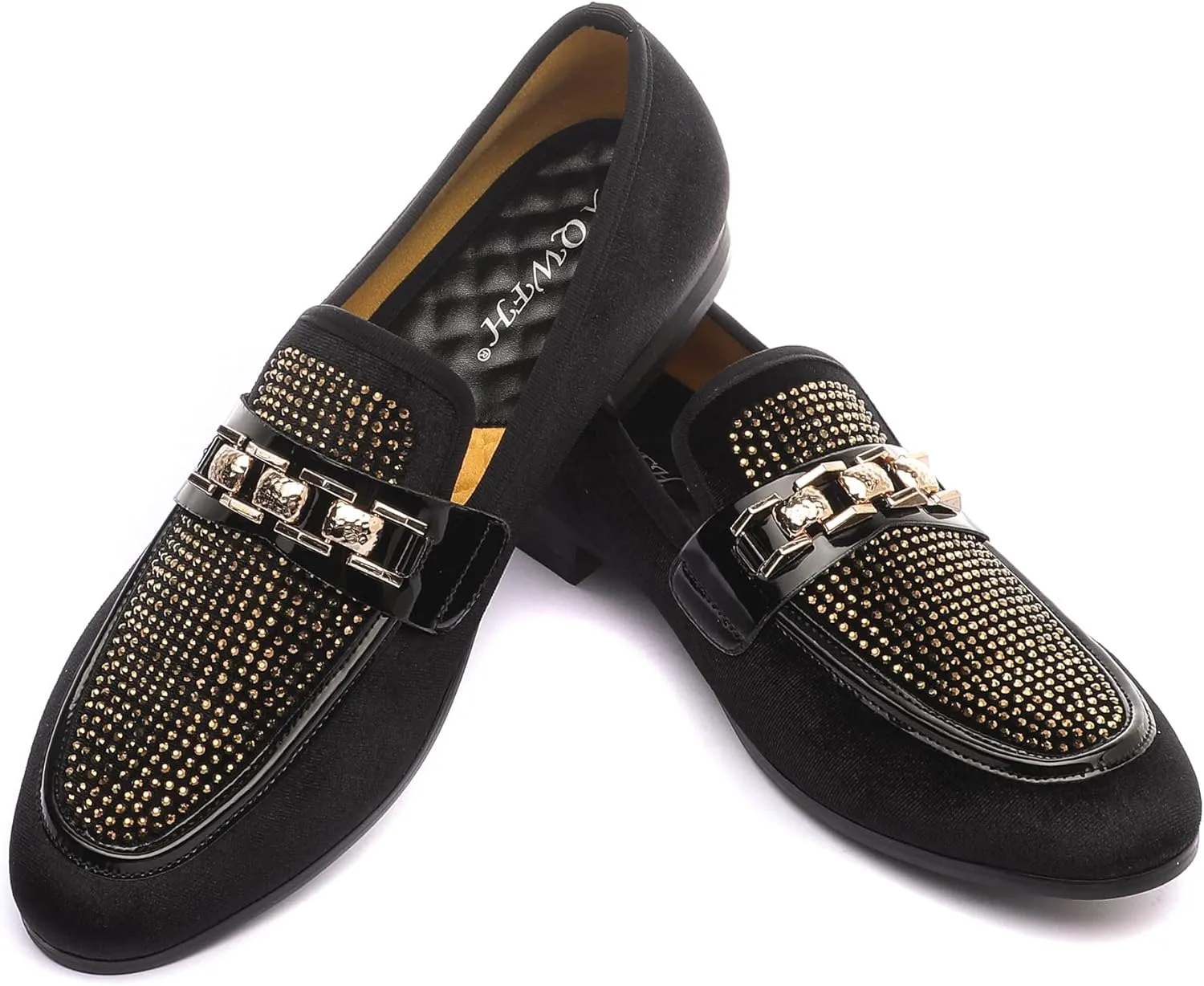 Men's Velvet Loafers,Mens Dress Shoes with Gold Chain, Slip On Flats Smoking Slippers Penny Shoes for Men