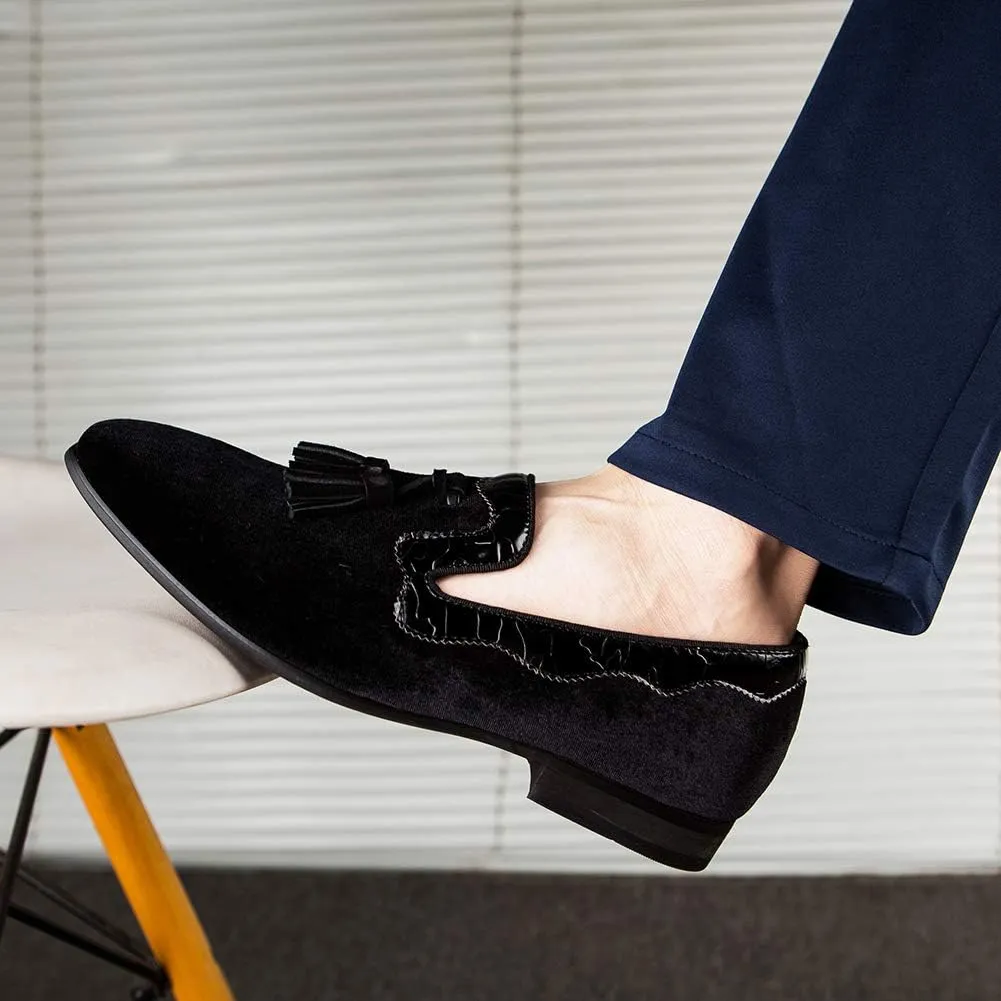 Men's Vintage Velvet Embroidery Noble Loafer Shoes Slip-on Loafer Smoking Slipper Tassel Loafer