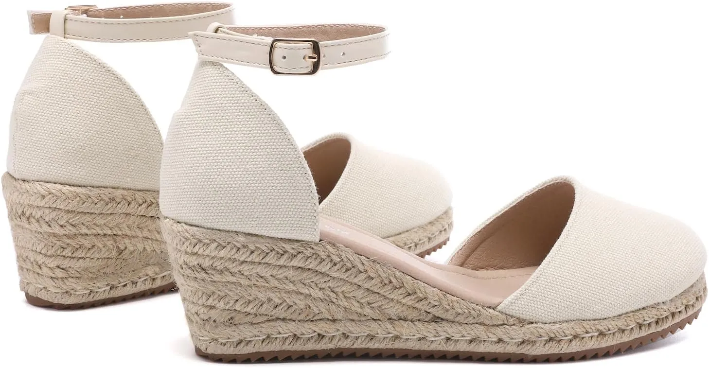 Mintzice Women's Closed Toe Solid Cross Vamp Ankle Strap Espadrille Wedge Sandals