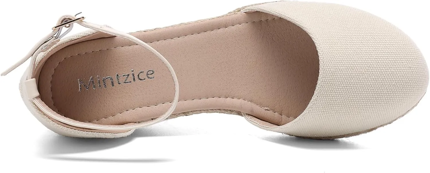 Mintzice Women's Closed Toe Solid Cross Vamp Ankle Strap Espadrille Wedge Sandals