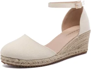Mintzice Women's Closed Toe Solid Cross Vamp Ankle Strap Espadrille Wedge Sandals