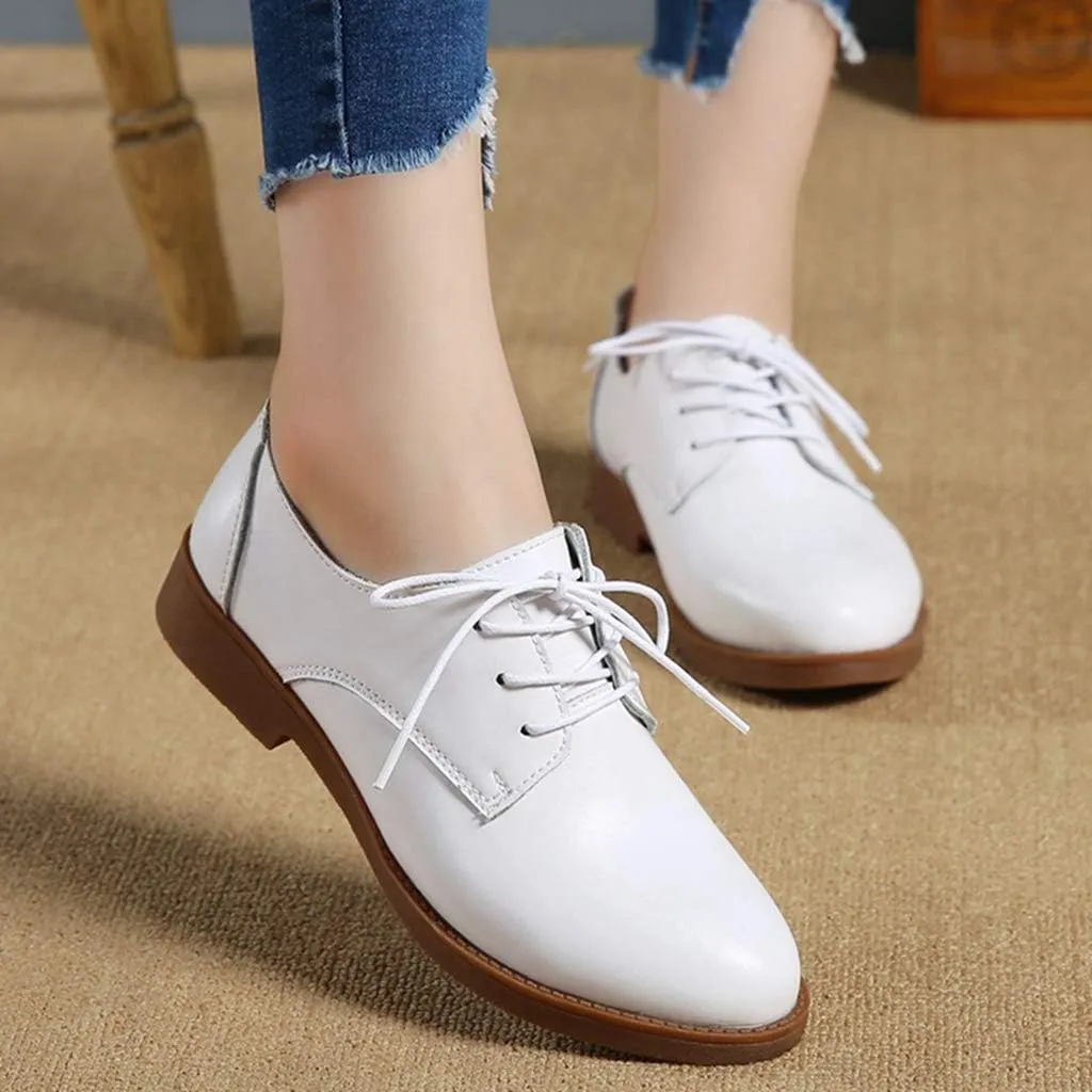 MIOKE Women's Casual Flat Saddle Oxford Shoes Lace Up Round Toe Low Heel Vintage School Oxfords Brogues