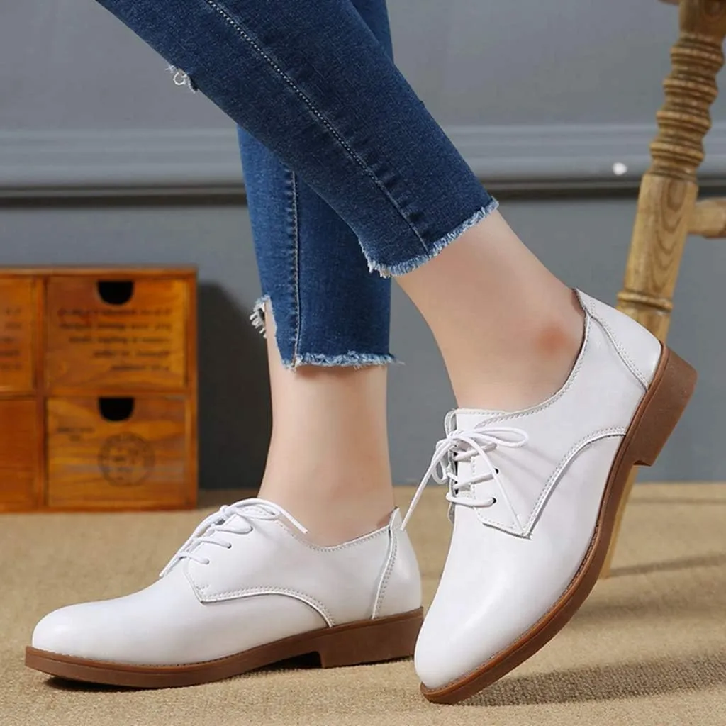 MIOKE Women's Casual Flat Saddle Oxford Shoes Lace Up Round Toe Low Heel Vintage School Oxfords Brogues