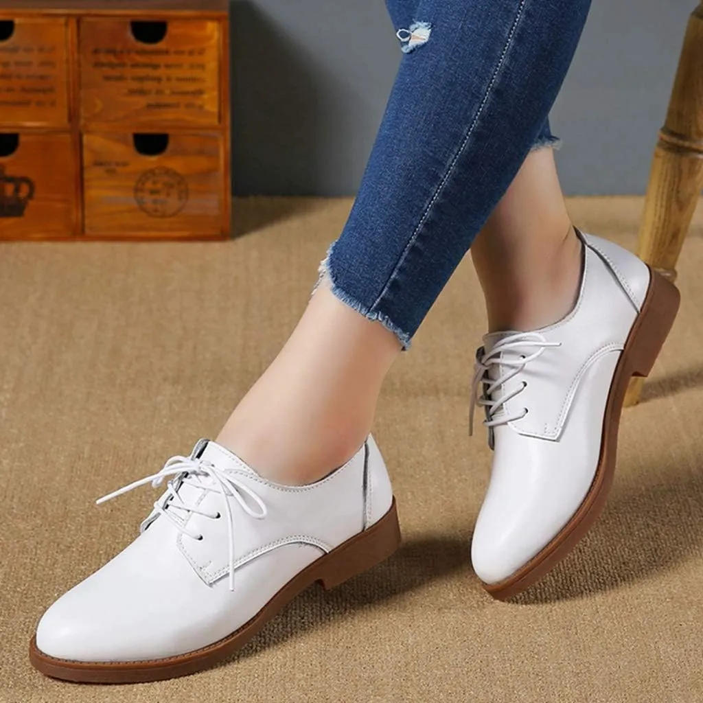 MIOKE Women's Casual Flat Saddle Oxford Shoes Lace Up Round Toe Low Heel Vintage School Oxfords Brogues