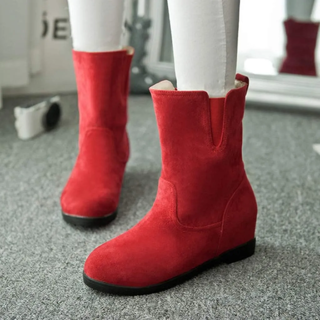 MIOKE Women's Round Toe Falt Dressy Ankle Boots Suede Elastic Hidden Low Wedge Heel Walking Short Booties