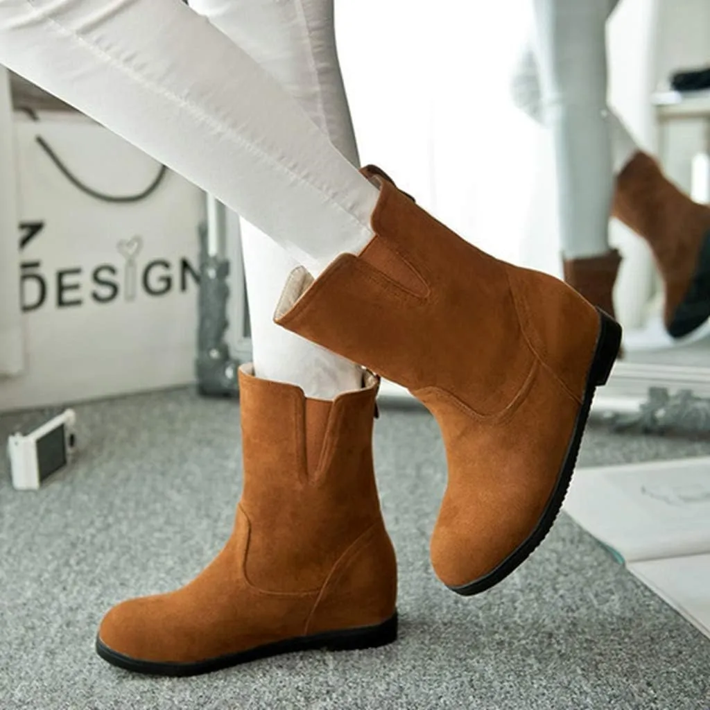 MIOKE Women's Round Toe Falt Dressy Ankle Boots Suede Elastic Hidden Low Wedge Heel Walking Short Booties