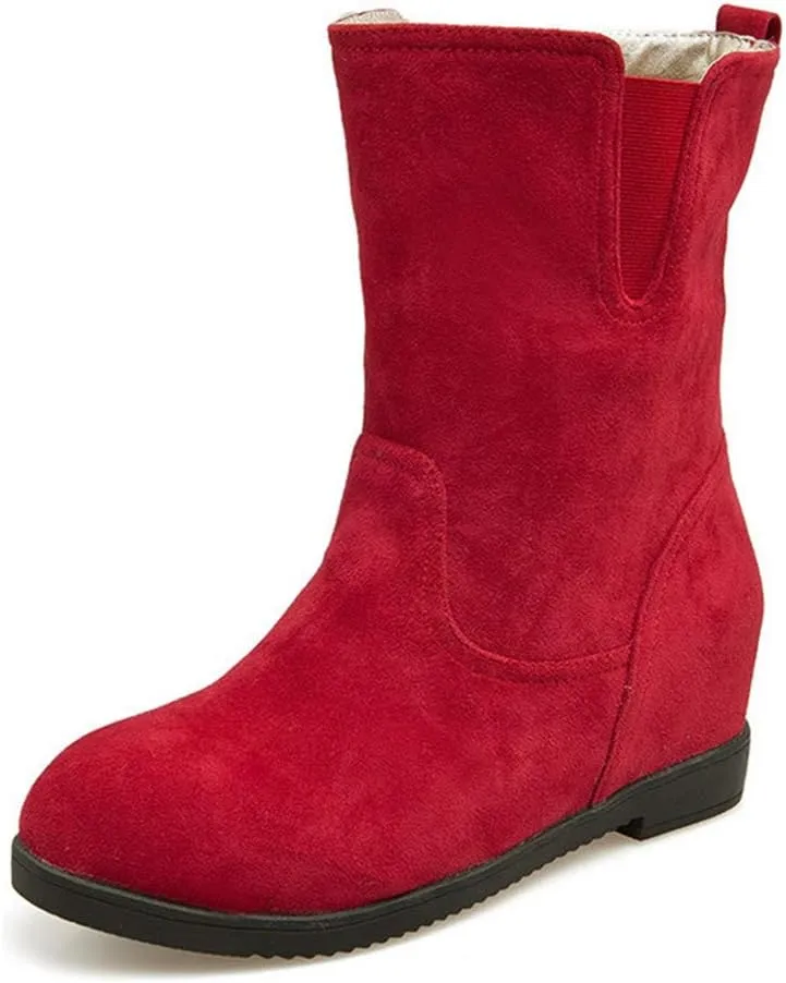 MIOKE Women's Round Toe Falt Dressy Ankle Boots Suede Elastic Hidden Low Wedge Heel Walking Short Booties