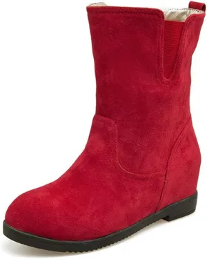MIOKE Women's Round Toe Falt Dressy Ankle Boots Suede Elastic Hidden Low Wedge Heel Walking Short Booties