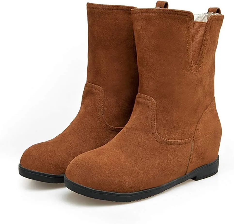 MIOKE Women's Round Toe Falt Dressy Ankle Boots Suede Elastic Hidden Low Wedge Heel Walking Short Booties