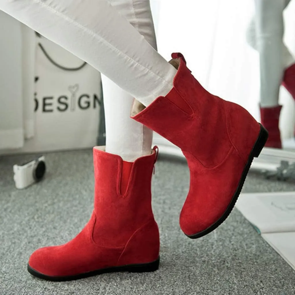 MIOKE Women's Round Toe Falt Dressy Ankle Boots Suede Elastic Hidden Low Wedge Heel Walking Short Booties