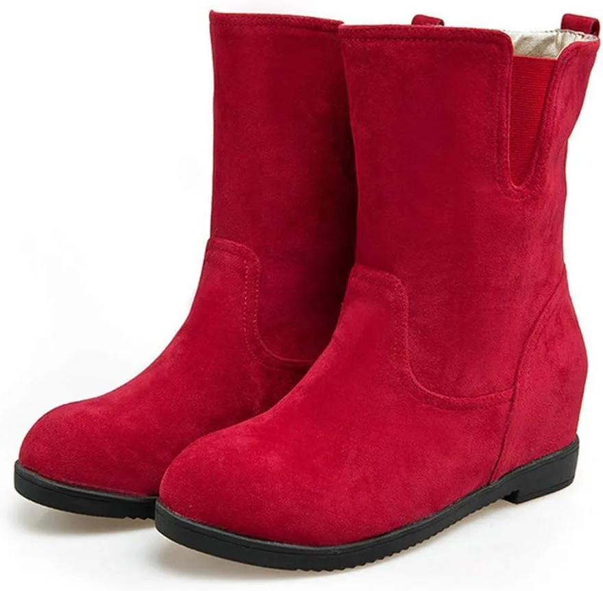 MIOKE Women's Round Toe Falt Dressy Ankle Boots Suede Elastic Hidden Low Wedge Heel Walking Short Booties