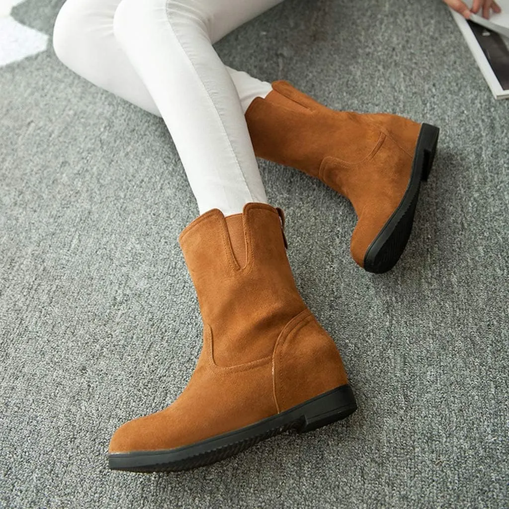 MIOKE Women's Round Toe Falt Dressy Ankle Boots Suede Elastic Hidden Low Wedge Heel Walking Short Booties
