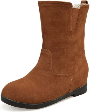 MIOKE Women's Round Toe Falt Dressy Ankle Boots Suede Elastic Hidden Low Wedge Heel Walking Short Booties