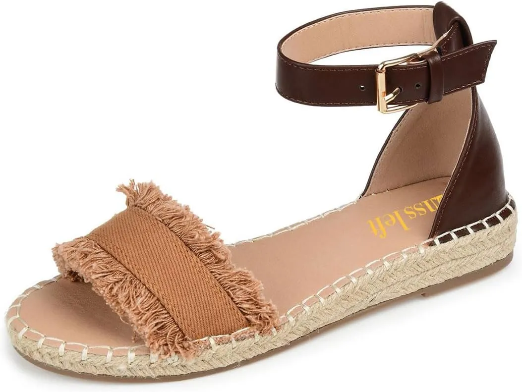 miss left Women Comfort Open Round Toe Espadrille Wedge Sandals Fringy Strap Buckles Low Heeled Shoes for Summer Holiday Beach Seaside Size 4-16 US