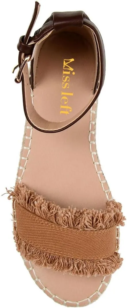 miss left Women Comfort Open Round Toe Espadrille Wedge Sandals Fringy Strap Buckles Low Heeled Shoes for Summer Holiday Beach Seaside Size 4-16 US
