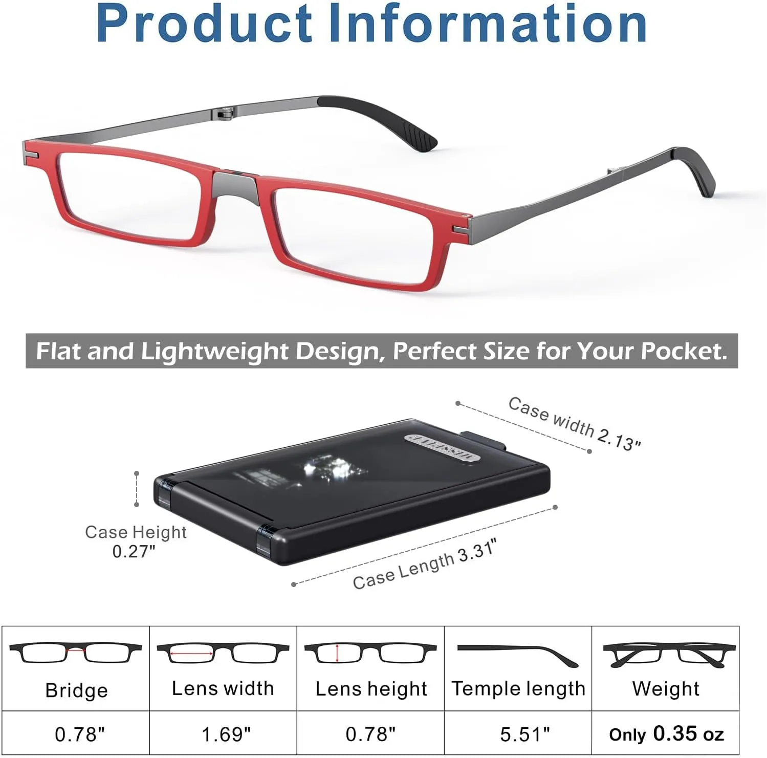 Missfive Ultra Thin Folding Reading Glasses for Women Pocket   Portable Flat Hard Case, Designer Foldable Lightweight Readers Durable TR90 Metal Frame, Slim Collapsible Travel Eyeglasses,Red,2.5x