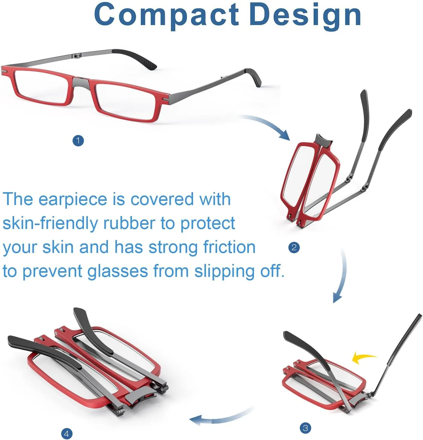 Missfive Ultra Thin Folding Reading Glasses for Women Pocket   Portable Flat Hard Case, Designer Foldable Lightweight Readers Durable TR90 Metal Frame, Slim Collapsible Travel Eyeglasses,Red,2.5x