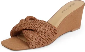 Modatope Wedge Sandals for Women Braided Wedge Heels Square Open Toe Raffia Dressy Womens Sandals