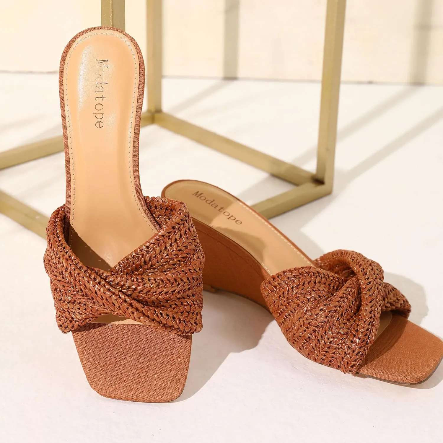 Modatope Wedge Sandals for Women Braided Wedge Heels Square Open Toe Raffia Dressy Womens Sandals