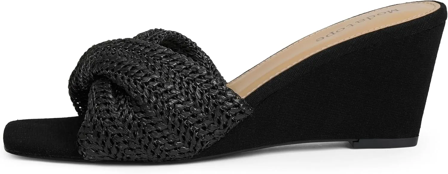Modatope Wedge Sandals for Women Braided Wedge Heels Square Open Toe Raffia Dressy Womens Sandals