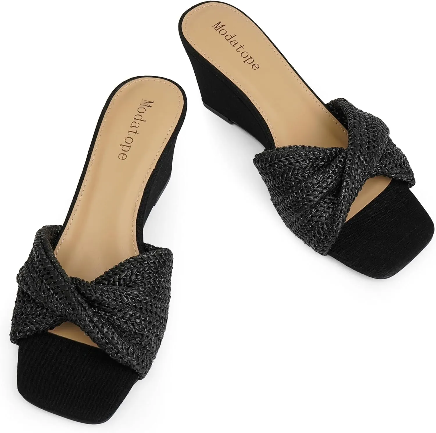 Modatope Wedge Sandals for Women Braided Wedge Heels Square Open Toe Raffia Dressy Womens Sandals