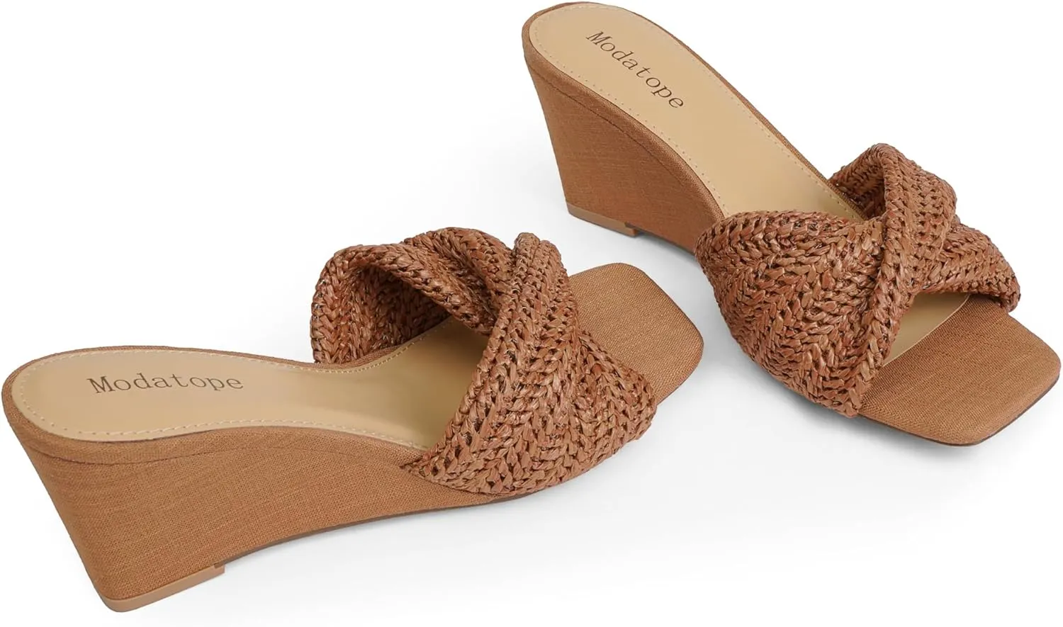 Modatope Wedge Sandals for Women Braided Wedge Heels Square Open Toe Raffia Dressy Womens Sandals