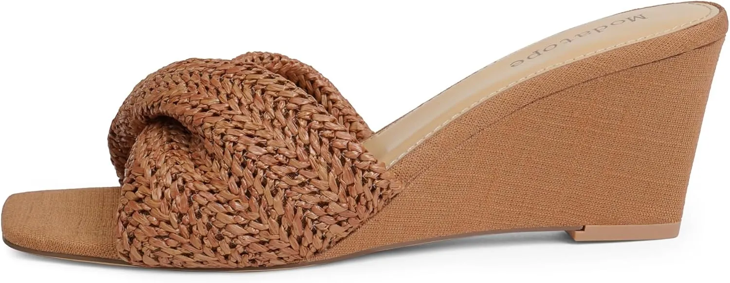 Modatope Wedge Sandals for Women Braided Wedge Heels Square Open Toe Raffia Dressy Womens Sandals
