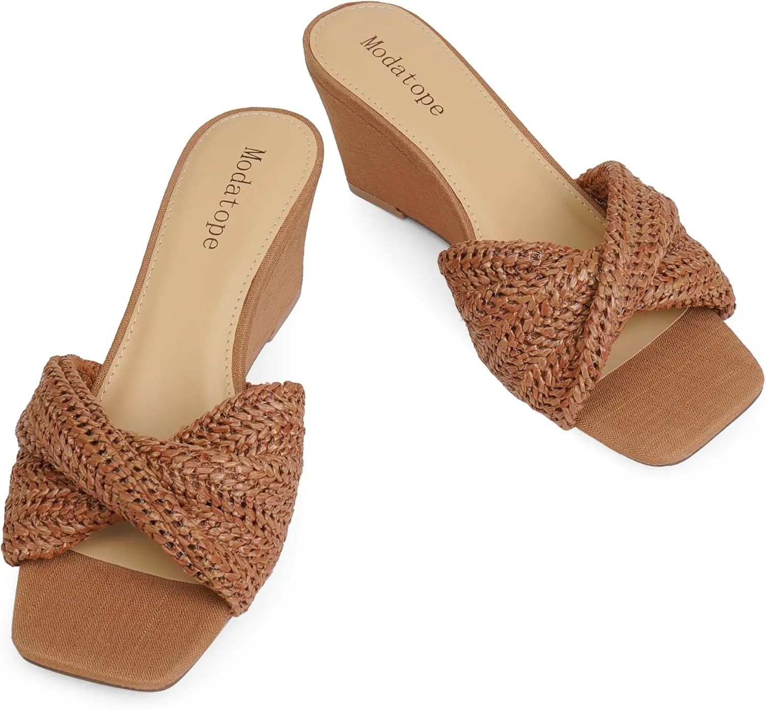 Modatope Wedge Sandals for Women Braided Wedge Heels Square Open Toe Raffia Dressy Womens Sandals