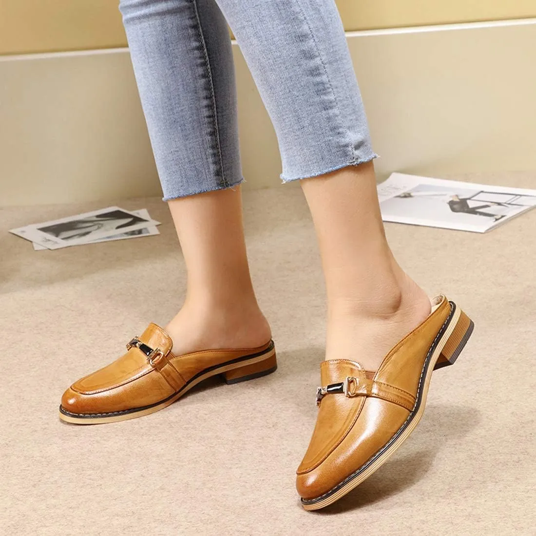 Mona flying Women Leather Mules Shoes Backless Slip On Loafer Low Heel Flats Summer Slide