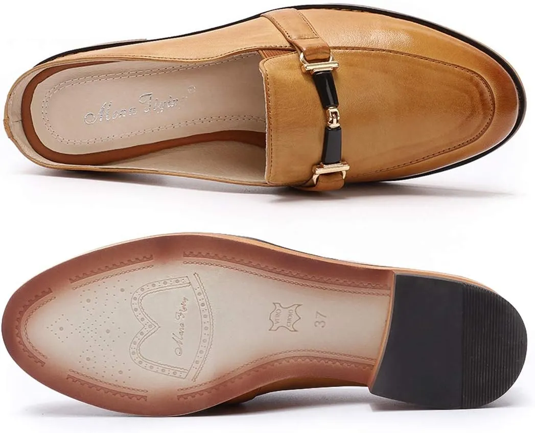 Mona flying Women Leather Mules Shoes Backless Slip On Loafer Low Heel Flats Summer Slide