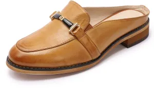 Mona flying Women Leather Mules Shoes Backless Slip On Loafer Low Heel Flats Summer Slide