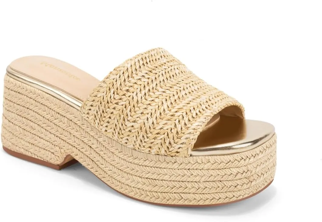 Monrovia Platform Sandals for Women, Wedge Espadrille Slides with Raffia Straw, Comfortable Brown Summer Sandals for Beach, Walking, Camping, Vacation
