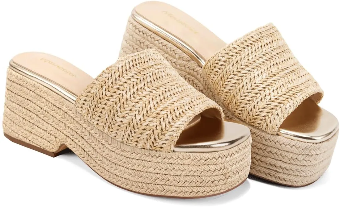 Monrovia Platform Sandals for Women, Wedge Espadrille Slides with Raffia Straw, Comfortable Brown Summer Sandals for Beach, Walking, Camping, Vacation