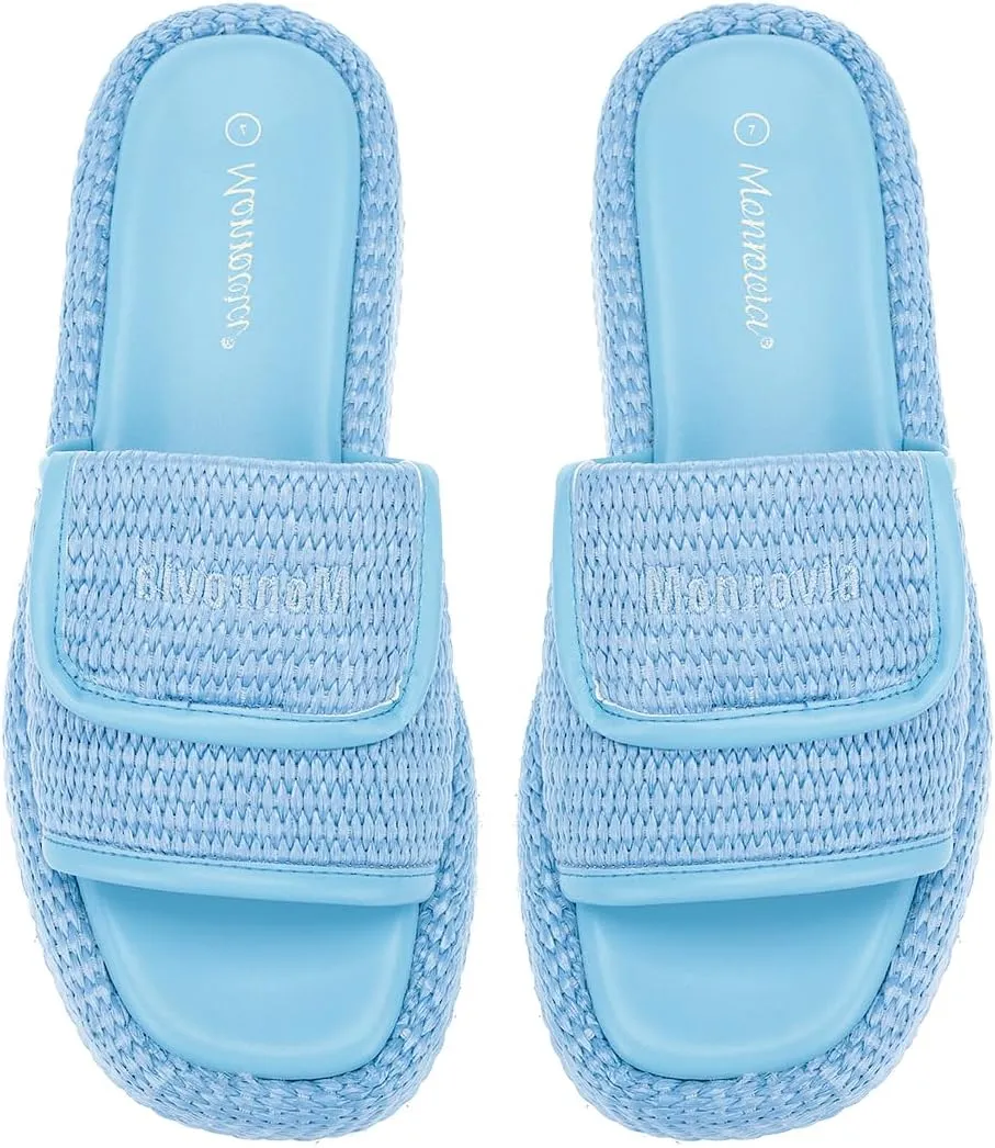 Monrovia Platform Sandals for Women, Wedge Espadrille Slides with Raffia Straw, Comfortable Brown Summer Sandals for Beach, Walking, Camping, Vacation