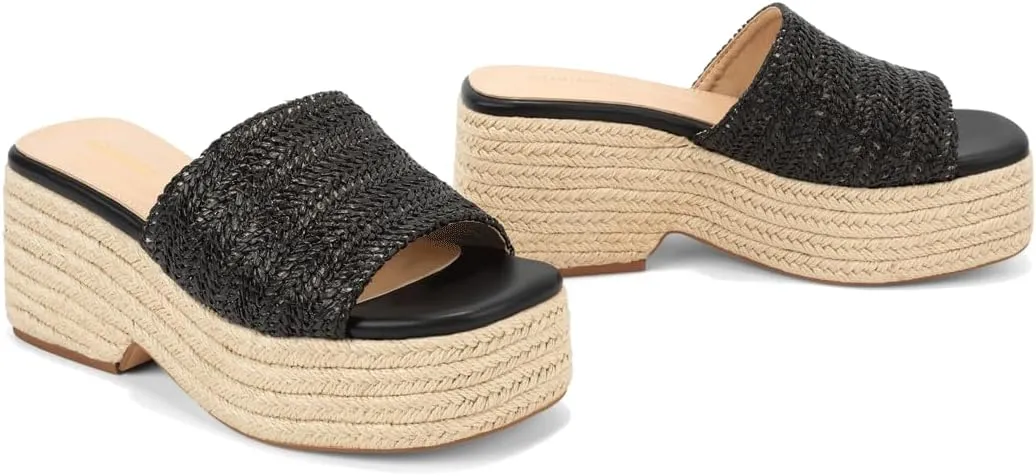 Monrovia Platform Sandals for Women, Wedge Espadrille Slides with Raffia Straw, Comfortable Brown Summer Sandals for Beach, Walking, Camping, Vacation