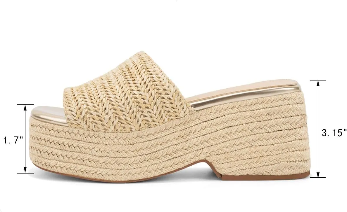 Monrovia Platform Sandals for Women, Wedge Espadrille Slides with Raffia Straw, Comfortable Brown Summer Sandals for Beach, Walking, Camping, Vacation