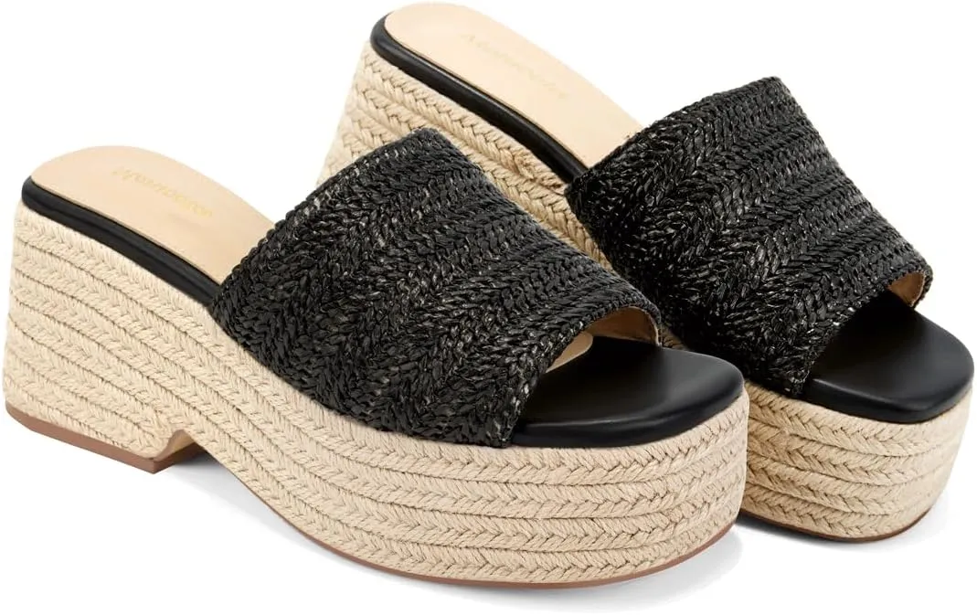 Monrovia Platform Sandals for Women, Wedge Espadrille Slides with Raffia Straw, Comfortable Brown Summer Sandals for Beach, Walking, Camping, Vacation