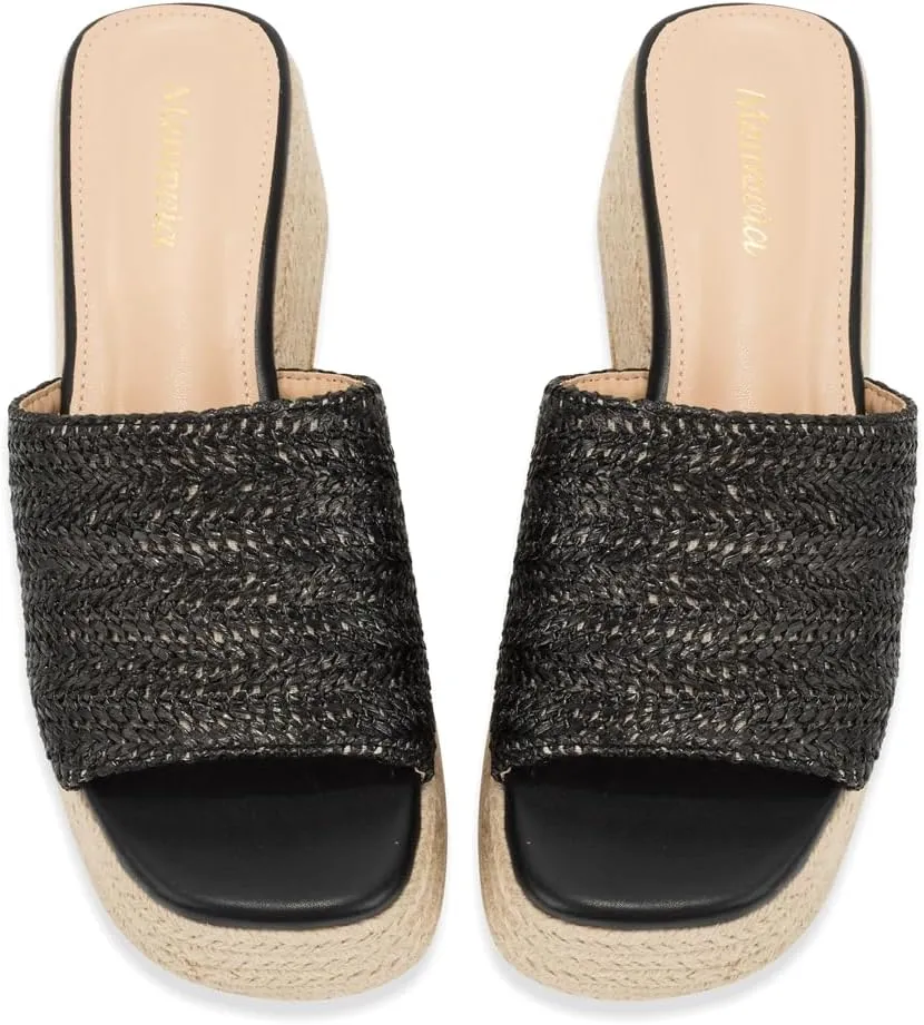 Monrovia Platform Sandals for Women, Wedge Espadrille Slides with Raffia Straw, Comfortable Brown Summer Sandals for Beach, Walking, Camping, Vacation