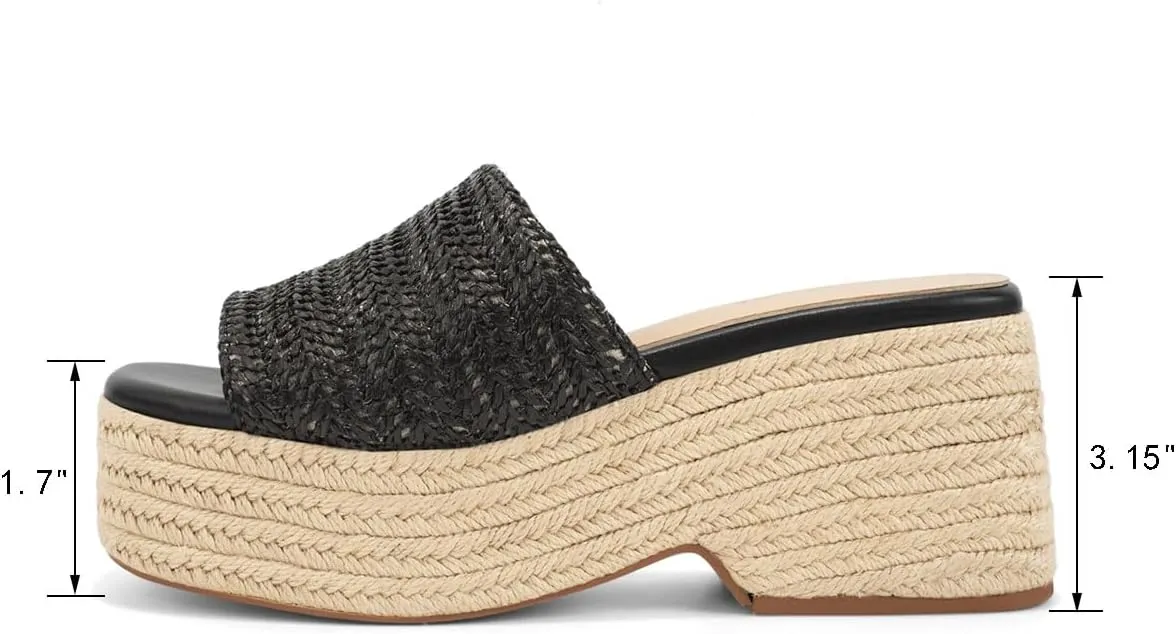 Monrovia Platform Sandals for Women, Wedge Espadrille Slides with Raffia Straw, Comfortable Brown Summer Sandals for Beach, Walking, Camping, Vacation