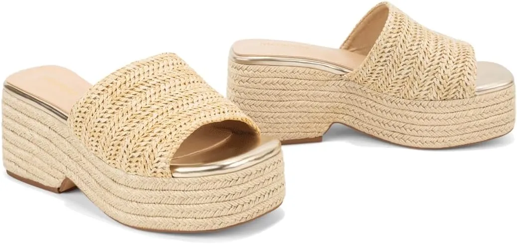 Monrovia Platform Sandals for Women, Wedge Espadrille Slides with Raffia Straw, Comfortable Brown Summer Sandals for Beach, Walking, Camping, Vacation