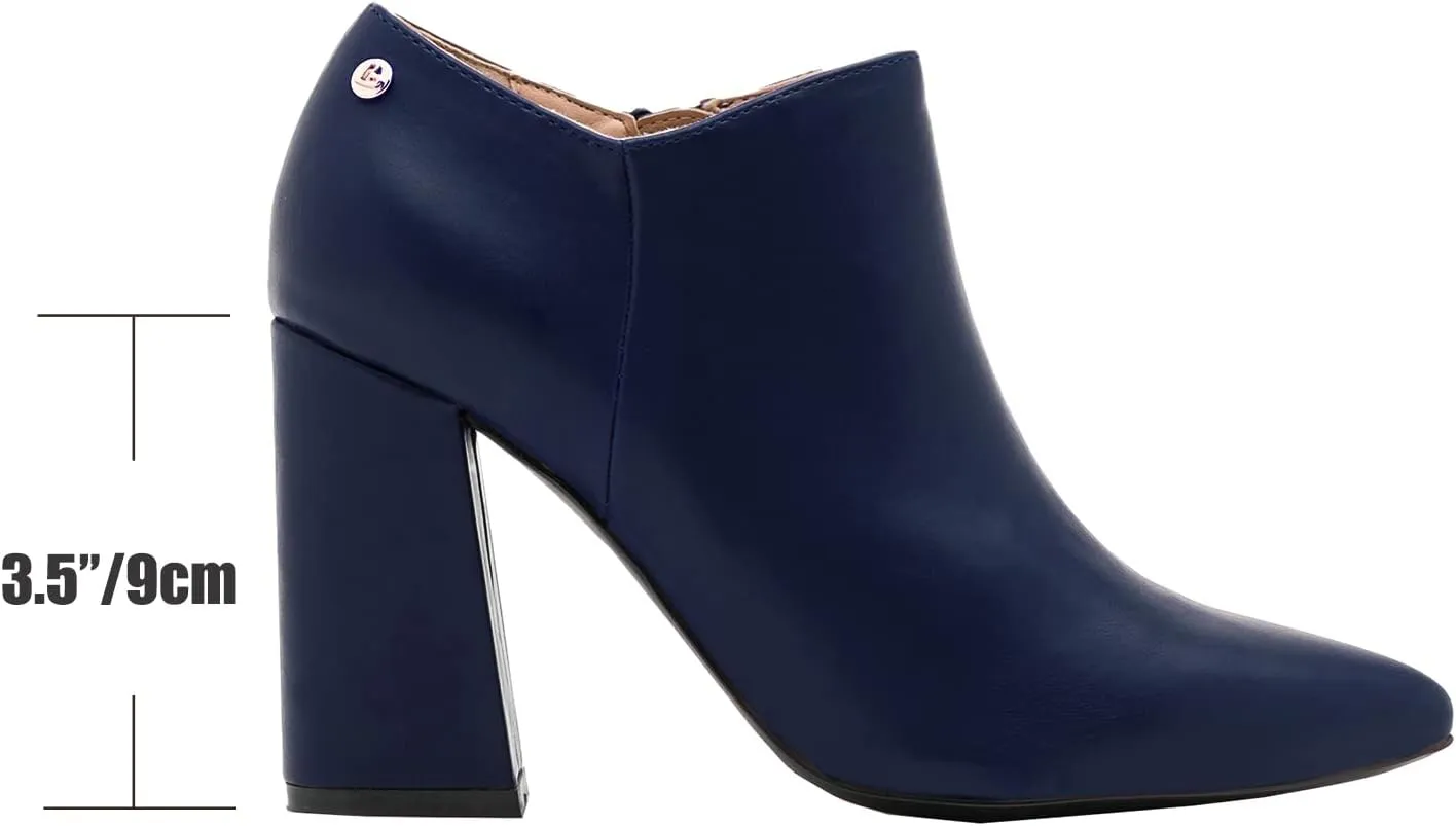 MOOMMO Women Chunky Block Heel Chelsea Ankle Boots Low Cut Zipper Pointed Closed Toe 3.5 Inch Short Booties Matte Leather Comfort Fall Winter Boot Formal Classic Office School Teacher Shoes 4-13 M US