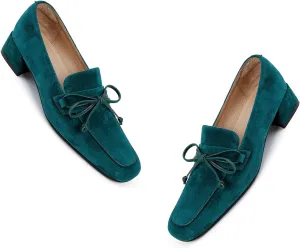 MOOMMO Women Chunky Low Heel Loafers Bow Suede Slip On Closed Square Toe Loafer Shoes Oxfords Comfy 1 Inch Block Heels Dress Shoes Pumps Office Work Pumps Vintage Retro Comfy 4-11 M US