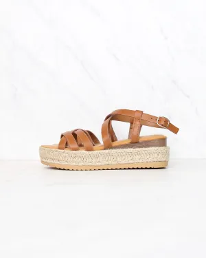Multi Bands Crossed-Strap Espadrille Platform Sandal with Ankle Strap in Tan