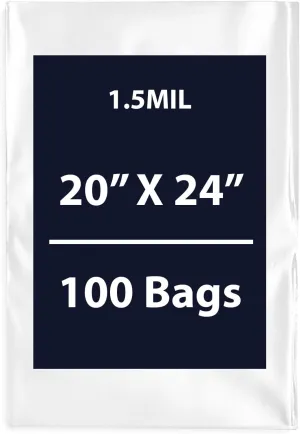 Multiple Sizes Clear Flat Poly Bags, 1.5Mil 20" X 24" & 100 Bags | Low-Density Polyethylene (LDPE), Flat Open Top Plastic Packaging Packing | Flexible and Durable Plastic Bags